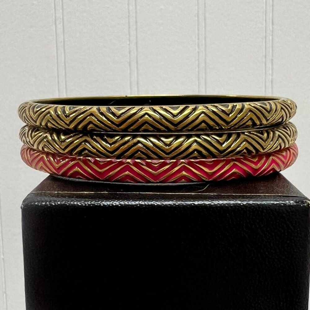 J Crew Gold & Enamel Bangle Bracelets - Set of 3 - Hot Pink & Black